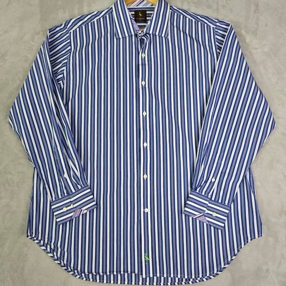 Tailorbyrd‎ Blue & White Stripe Button Down Dress Shirt Mens XXL 100% Cotton